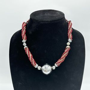 Vintage 60s Indian twist red and metal beaded Kumihimo Necklace 20in
